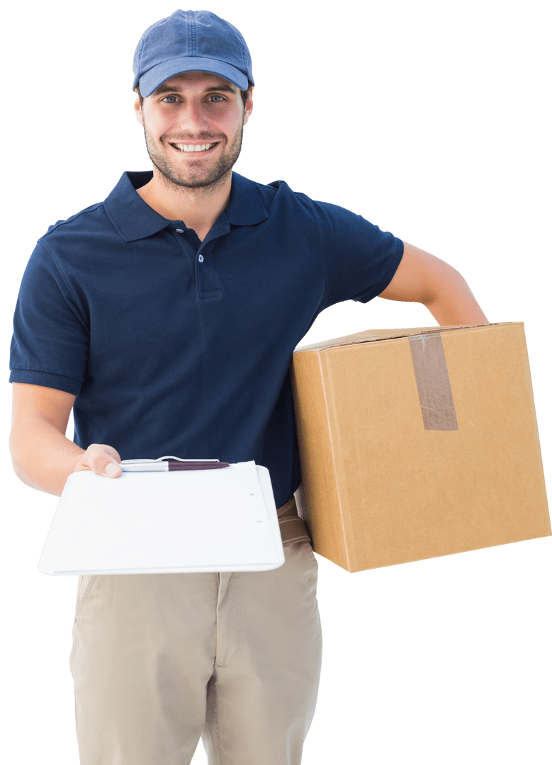 Smiling Courier Holding Box and Clipboard on Transparent Background