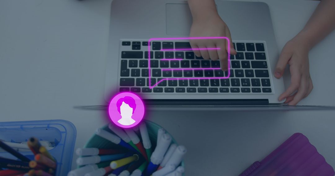 Hands Typing on Laptop with Social Media Code Overlay