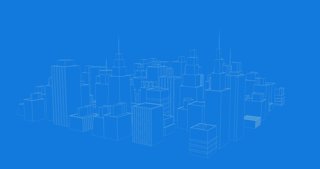 3D Blueprint Model of Rotating Cityscape on Blue Background
