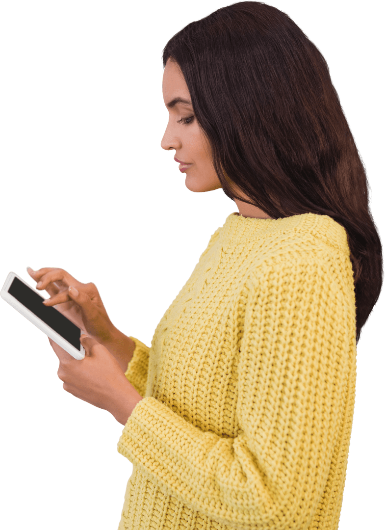 Young Woman Using Digital Tablet with Transparent Background