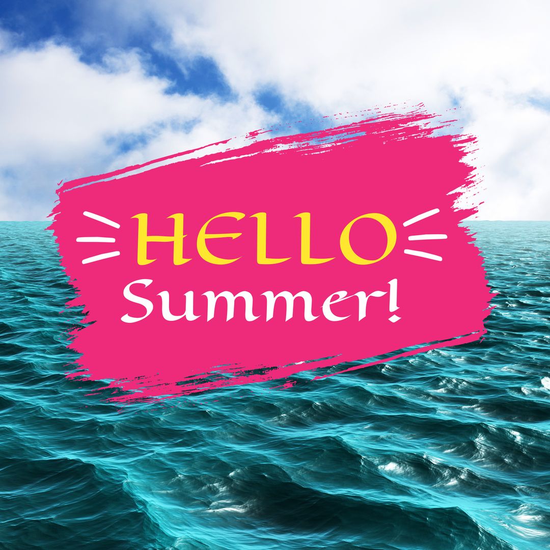 Hello Summer Text Over Ocean Waves with Bright Pink Brush Stroke - Download Free Stock Templates Pikwizard.com