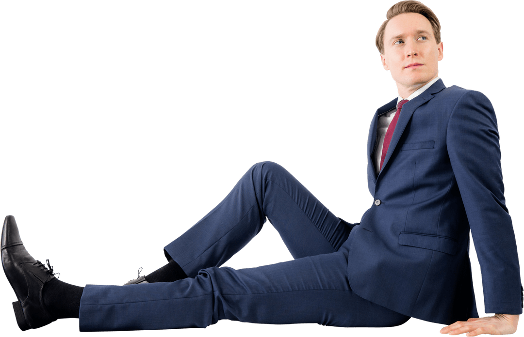 Paused Businessman in Suit Gazing Away on Transparent Background