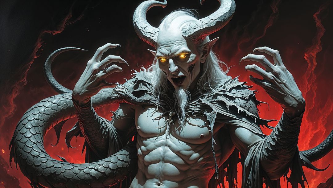 Satan with horns and glowing eyes in fiery realm