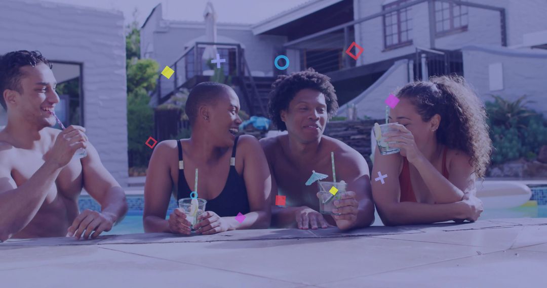 Group of Friends Having Fun by Backyard Pool with Cocktails