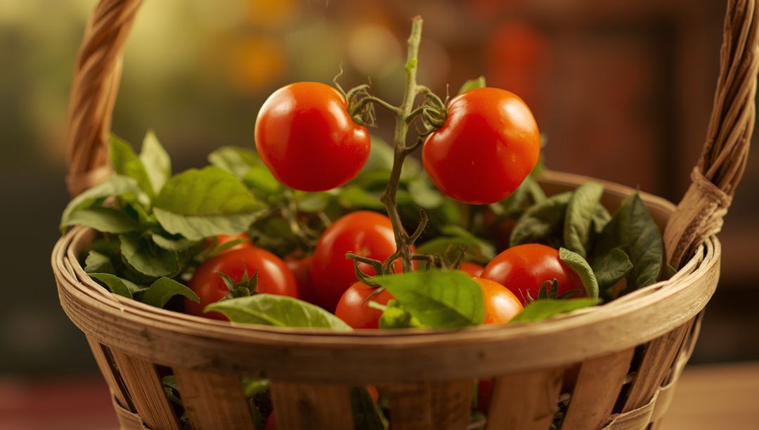 Fresh Cherry Tomatoes in Woven Basket on Rustic Kitchen Table