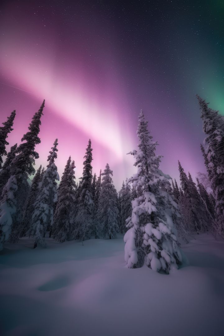 Beautiful Night View of Northern Lights in Snowy Forest - Free Images, Stock Photos and Pictures on Pikwizard.com
