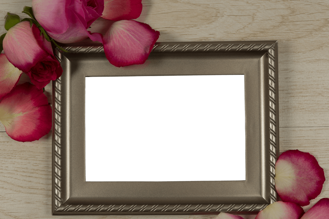 Transparent Brown Frame with Pink Roses on Wooden Surface