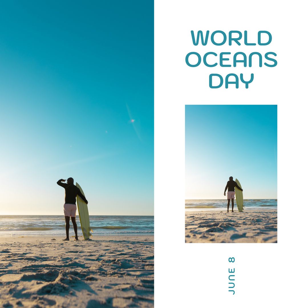 World Oceans Day Celebrates Surfer on Beautiful Beach at Sunrise