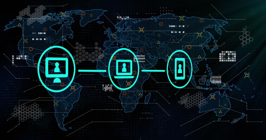 Global Network Icons on Digital World Map Background