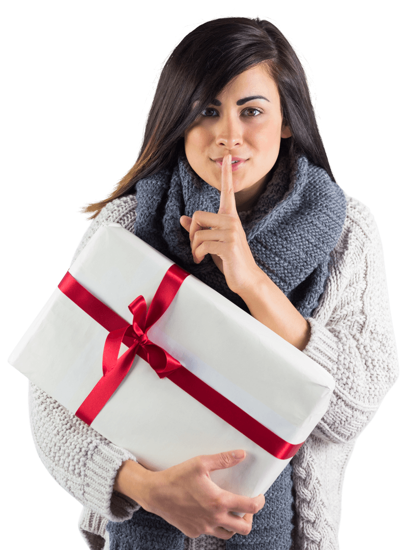 Woman Holding Gift Keeping Secret with Finger on Lips on Transparent Background
