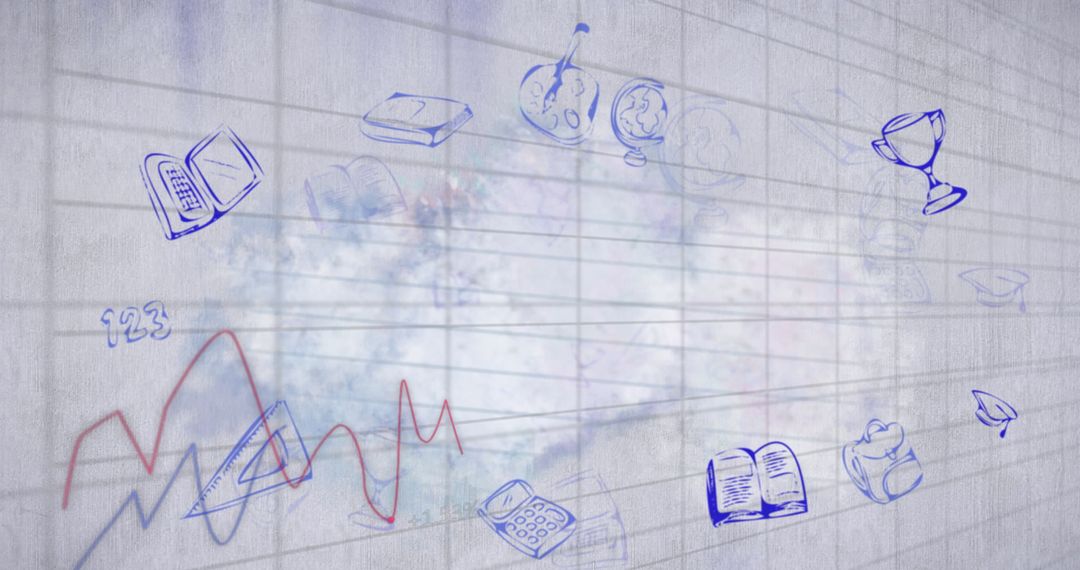 Floating Education Icons with Graph Overlay on White Background