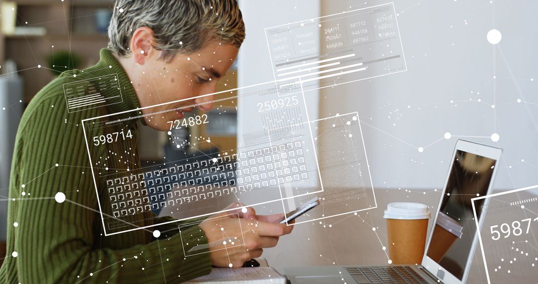 Woman Analyzing Data with Smartphone in Modern Workspace