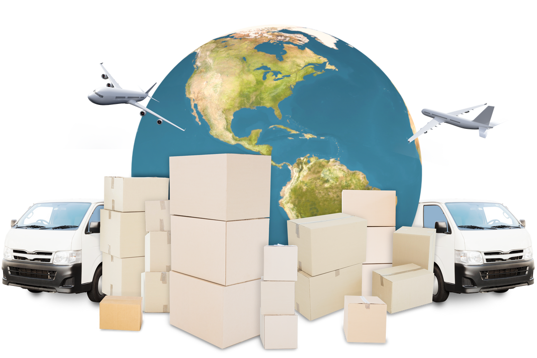 Transparent World Logistics Composition with Boxes, Trucks, Airplanes - Download Free Stock Images Pikwizard.com