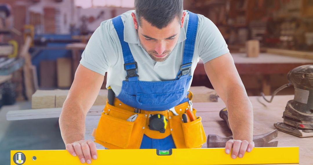Carpenter Using Spirit Level for Precision in Workshop