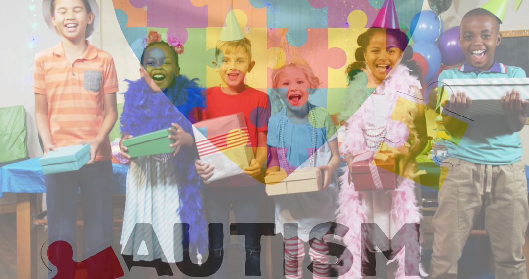 Children Celebrating Inclusion Under Puzzle Pieces and Autism Concept