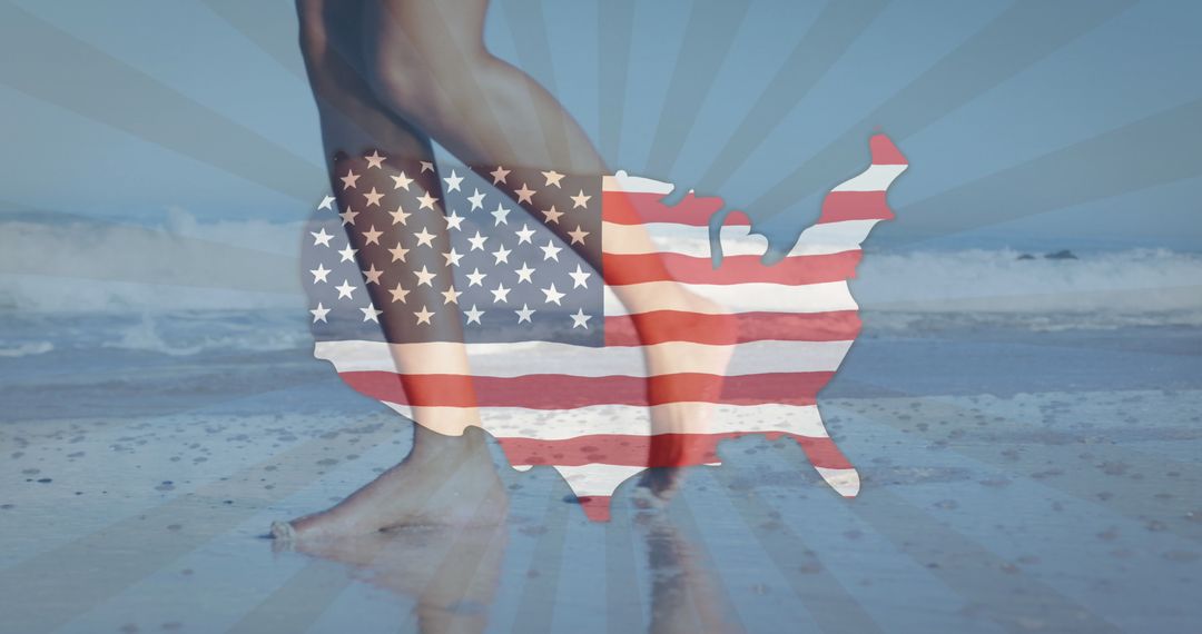 Abstract American Map Overlay on Beach Scene for Independence