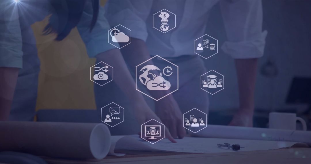 Business Analogy with Digital Icons Overlay in Office Environment