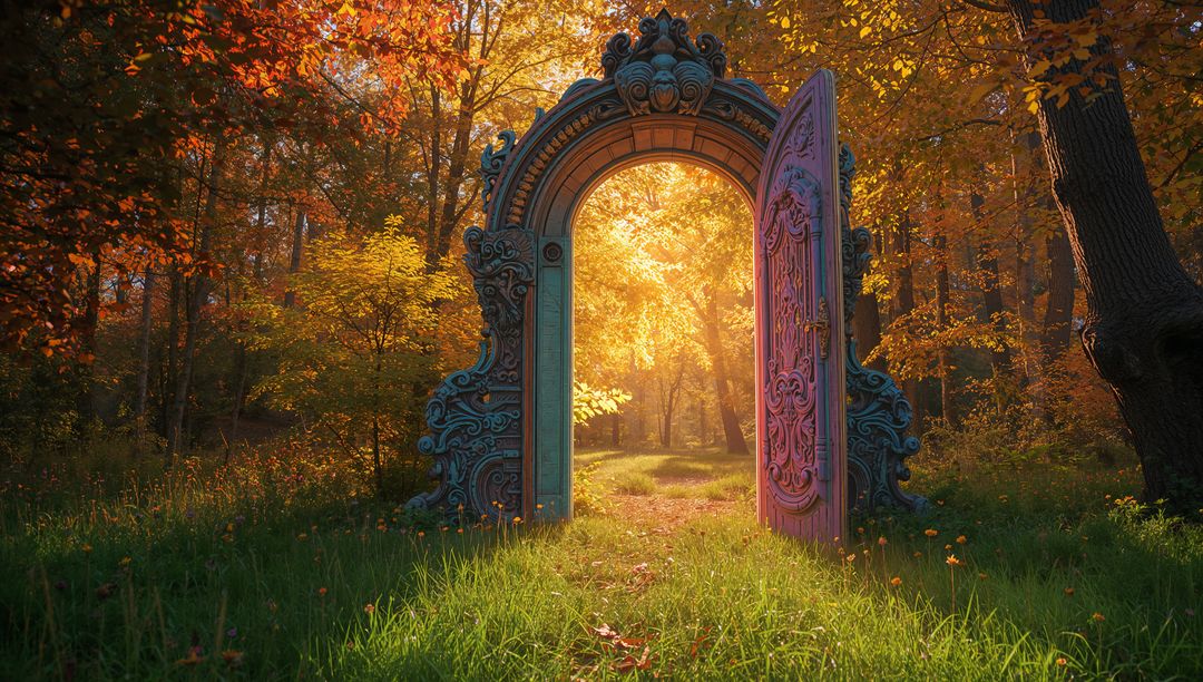 Ornate Archway Leads to Sunlit Autumn Clearing