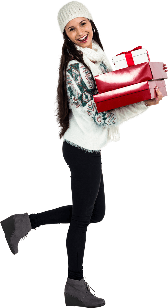 Smiling Woman Holding Red Gift Boxes on Transparent Background