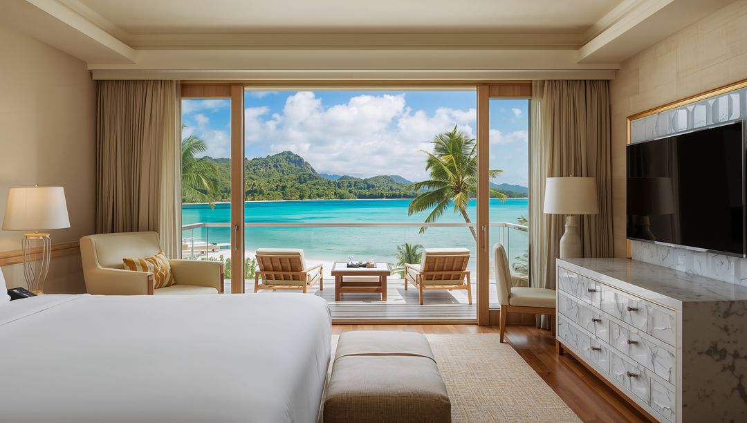 Luxury oceanfront resort suite overlooking turquoise lagoon and private balcony deck