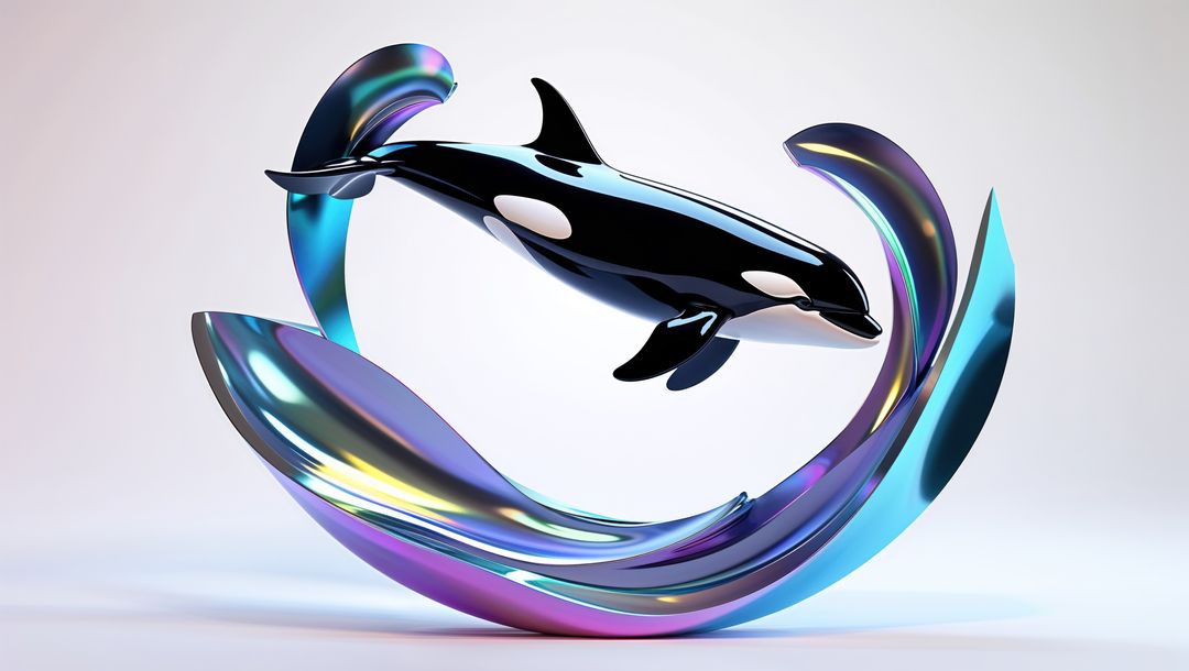 Glossy Orca Sculpture with Iridescent Twisting Metal Ribbons