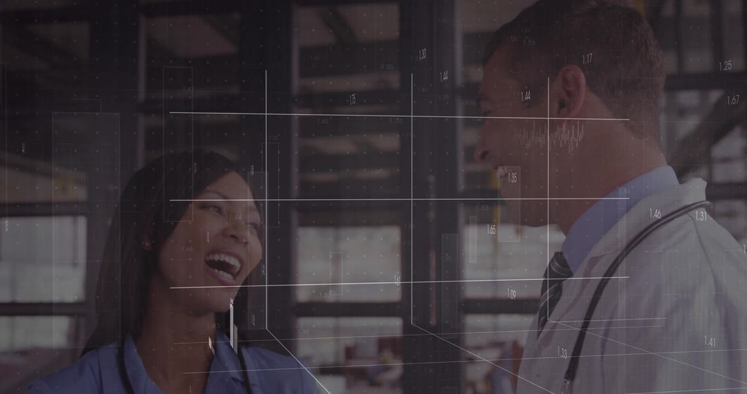 Medical Professionals Discussing Healthcare Innovation with Digital Interface