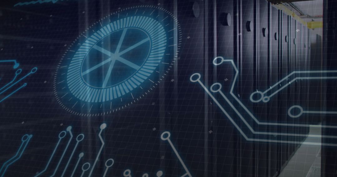 Futuristic Data Center Corridor with Digital Circuit Design