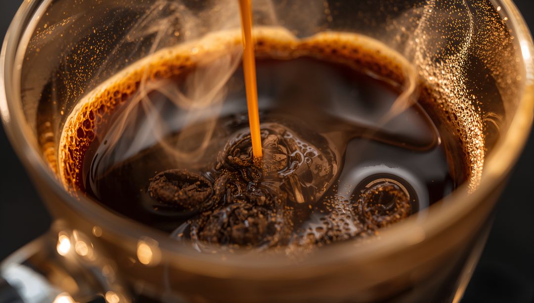 Macro pouring espresso creating rich crema and rising steam in clear glass cup