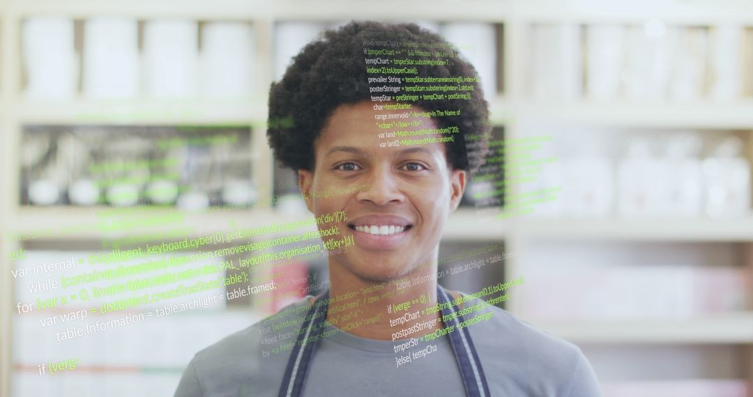 Smiling Shop Assistant with Digital Data Overlay