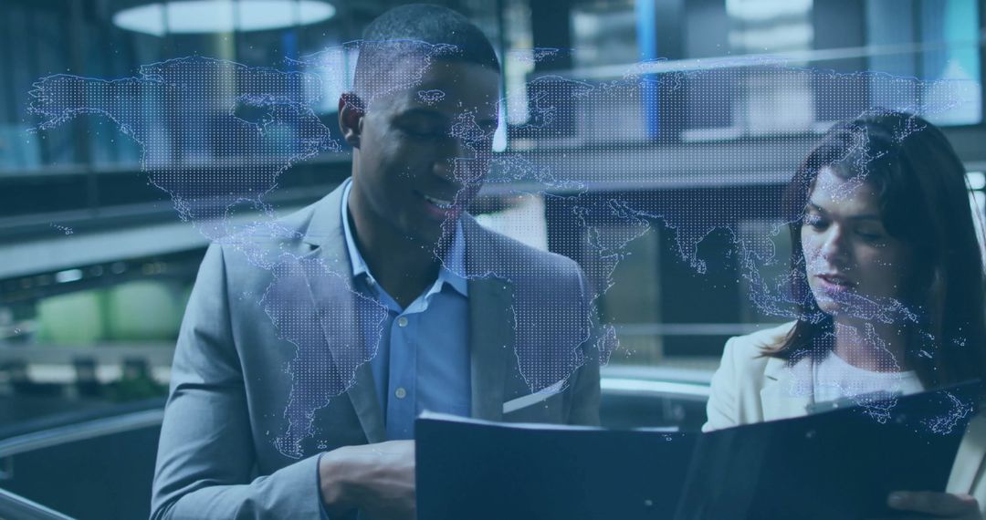 Business Professionals Analyzing Reports with Digital World Map Overlay