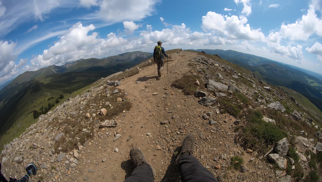 Hiker Walking Along Scenic Mountain Ridge with Trekking Pole