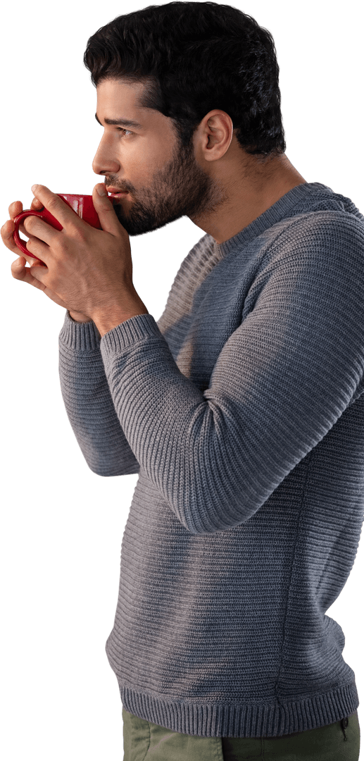 Transparent Side View of Man Enjoying Coffee with Calm Expression