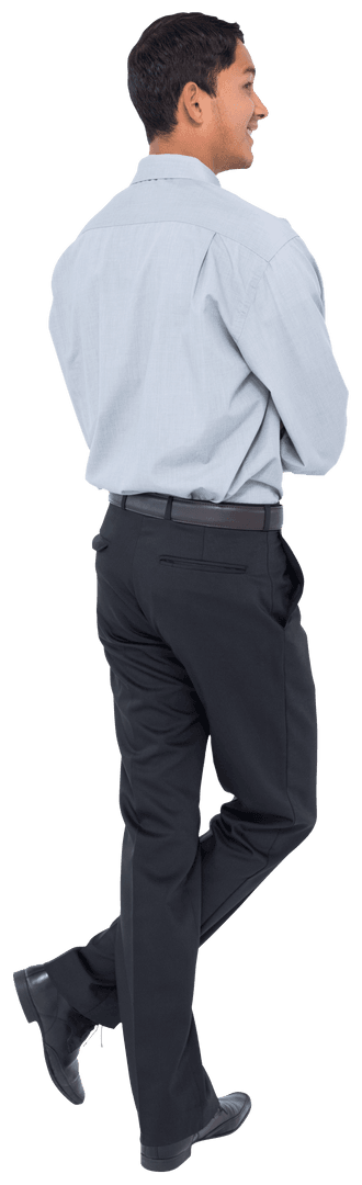 Back View of Happy Asian Businessman Observing Confidently Transparent