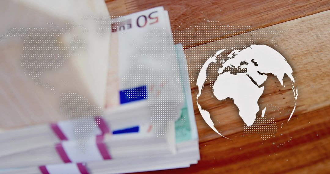 Displaying Bundled 50 Euro Banknotes with Dotted Map and Globe Overlay on Wooden Table