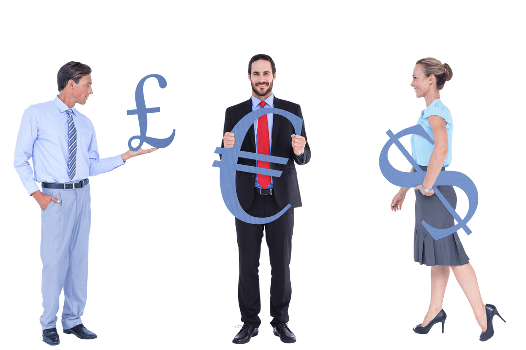 Transparent Business Professionals with Currency Symbols