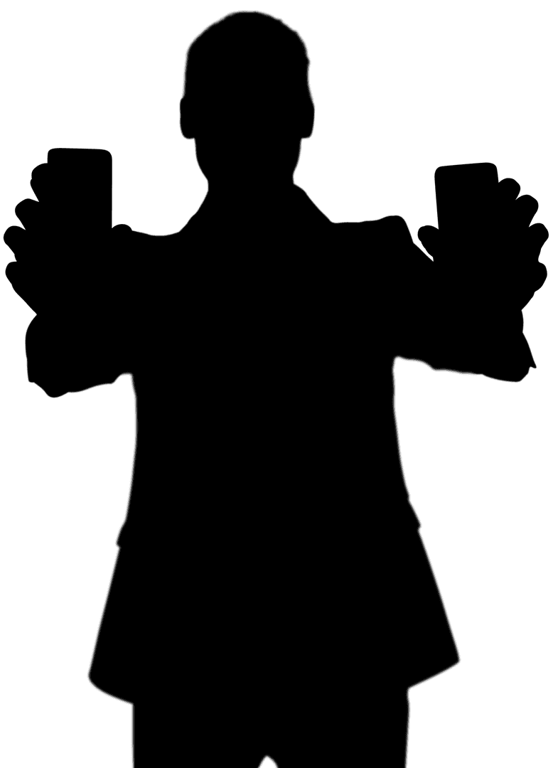 Silhouette of Man with Two Smartphones on Transparent Background