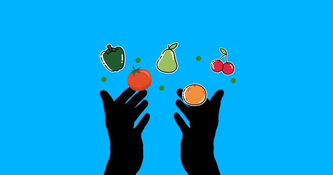 Silhouette Hands Jugging Colorful Fruit Icons on Blue