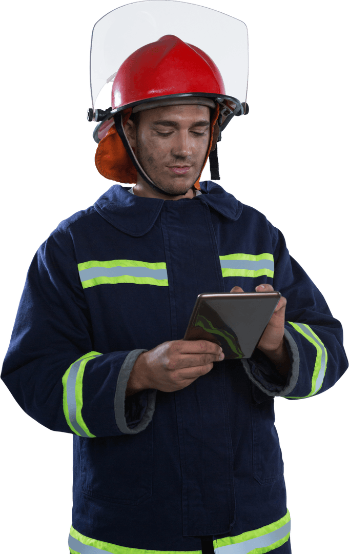 Caucasian Firefighter with Digital Tablet on Transparent Background