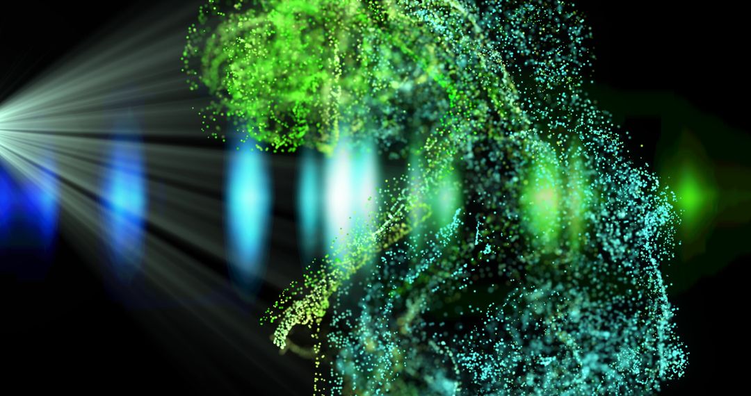 Vibrant Green and Blue Particle Swirl in Dynamic Light