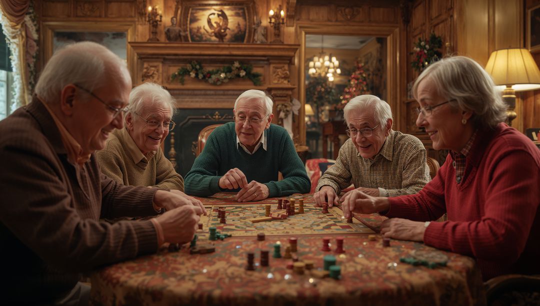 Seniors Enjoying Board Game in Festive Setting
