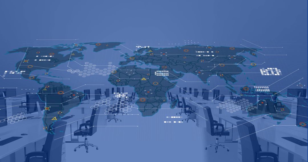 Digital World Map Overlaying Modern Office Workspace
