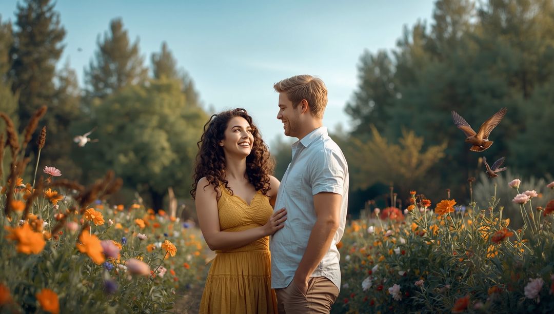 Romantic Couple Standing In Colorful Wildflower Field