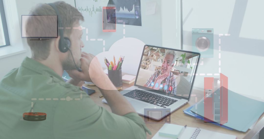 Man Having Video Call with Senior Approaching Digital Screen