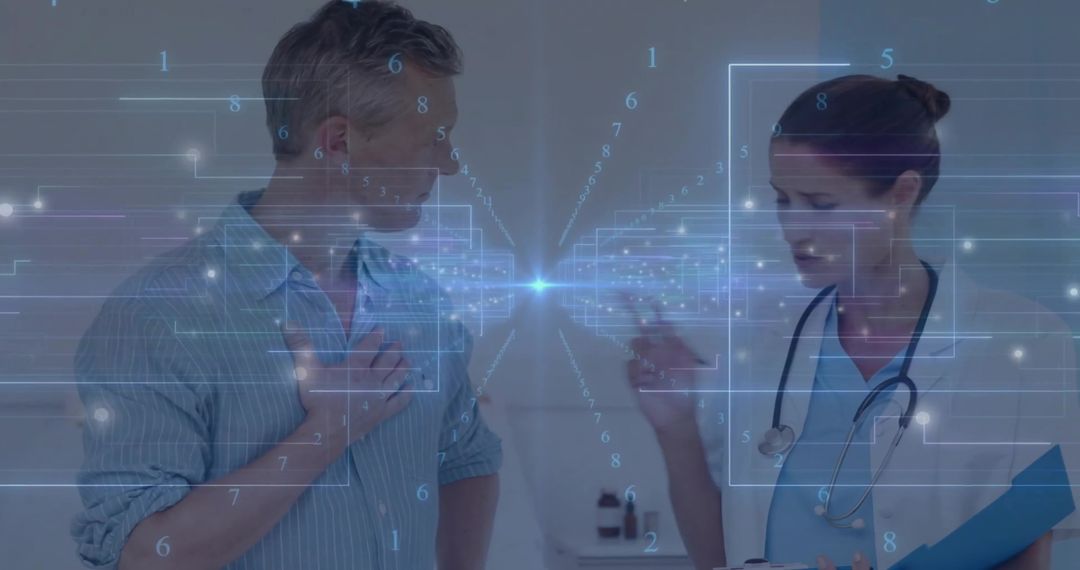 Doctor Discussing Health Metrics Using Futuristic Digital Interface