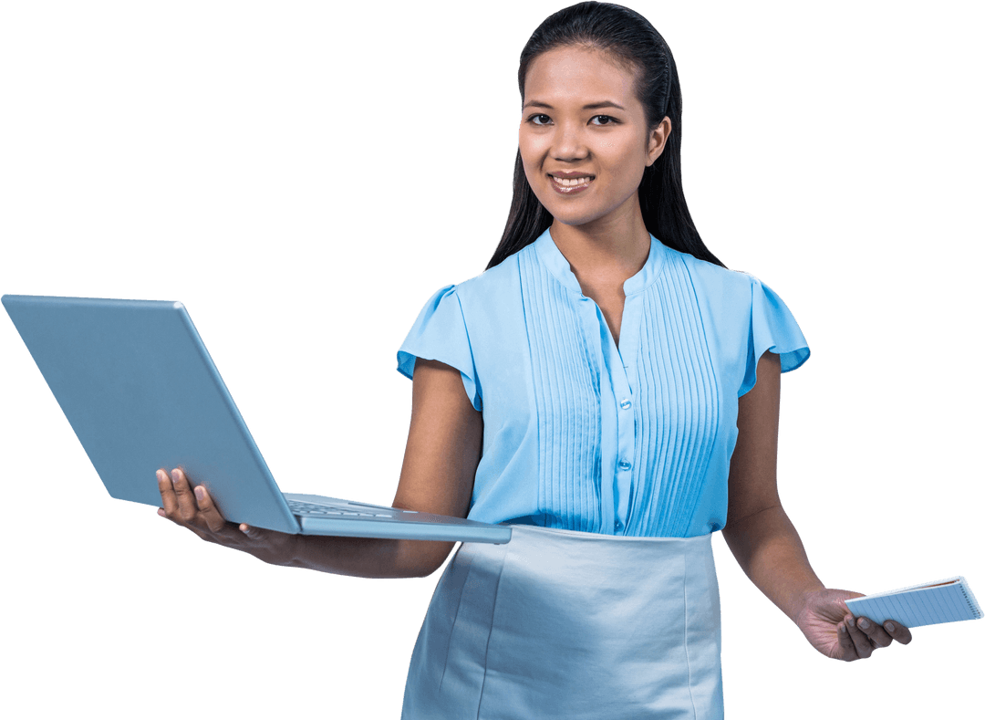 Confident Businesswoman with Laptop and Smartphone on Transparent Background