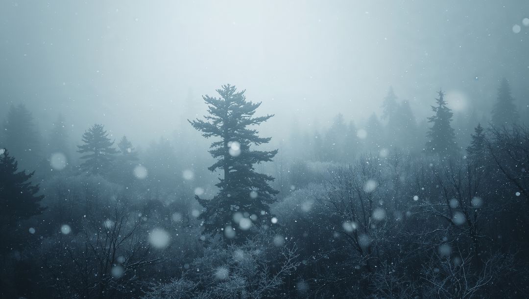Solitary Evergreen Standing in Misty Pine Forest with Falling Snow and Bokeh Lights