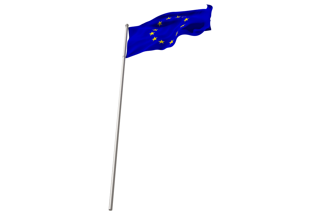 Transparent EU Flag Waving on Flagpole with Blue and Yellow Stars