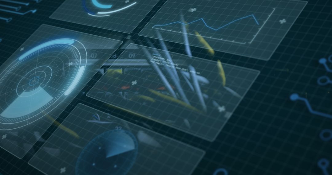 Futuristic digital interface with data visualizations and charts