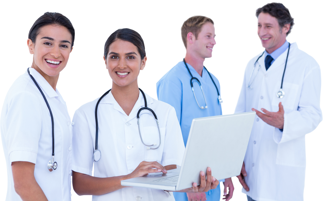 Happy and Diverse Doctors Group with Laptop Working Transparent Background - Download Free Stock Images Pikwizard.com