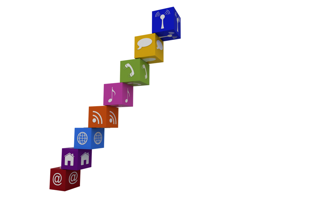 Colorful Social Media and Technology Icons on Stacked Cubes with Transparent Background - Download Free Stock Images Pikwizard.com